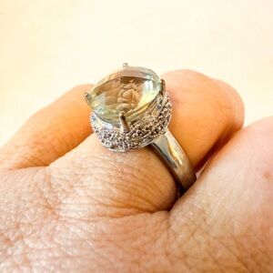 Sterling Silver Ring with Light Green Amethyst Oval Stone and Pavé Halo 9 3/4"